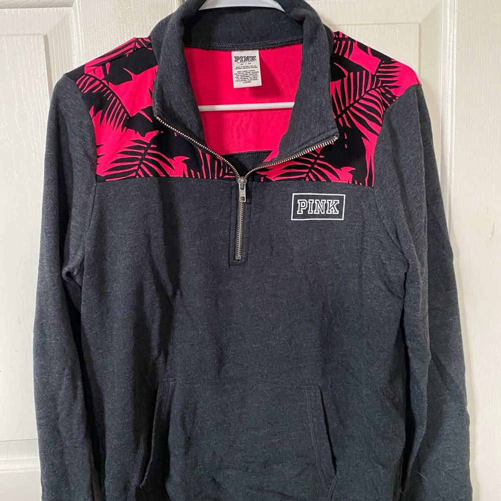 Pink Victoria secret quarter zip jacket. Size M. Dark grey with pink print.